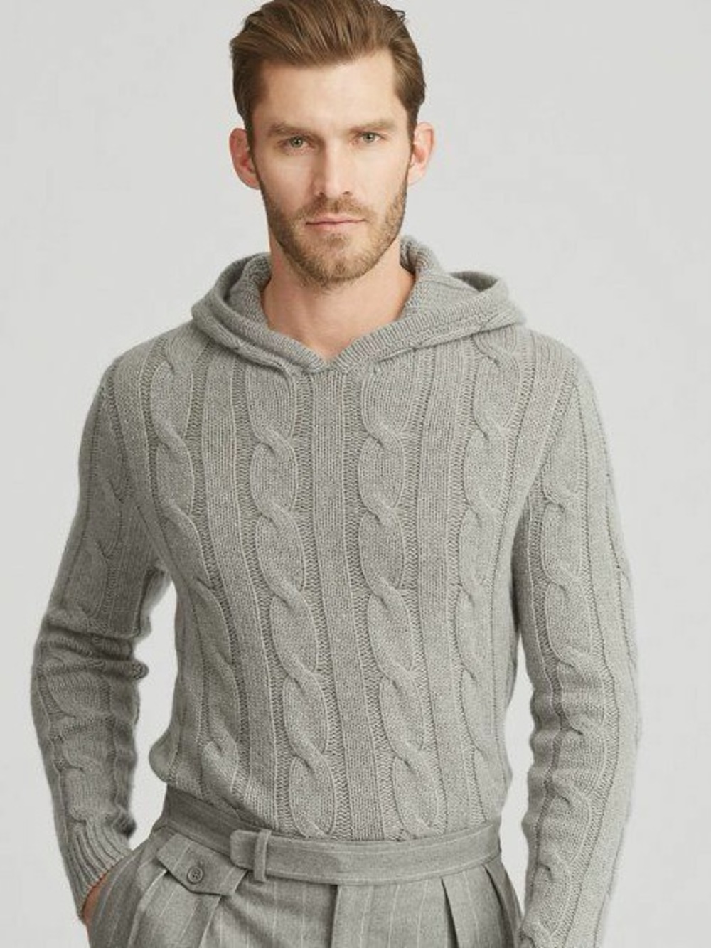 Ralph Lauren purple label cashmere oMen's Light Gray Cable-Knit Hooded Sweater